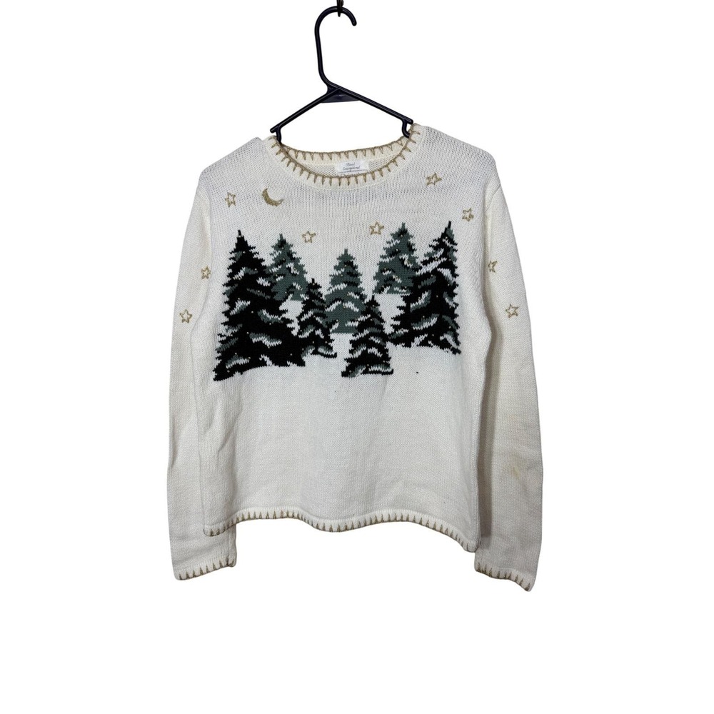 Christopher Banks Vintage Winter Pine Tree Hand Embroidered Sweater Cream Small